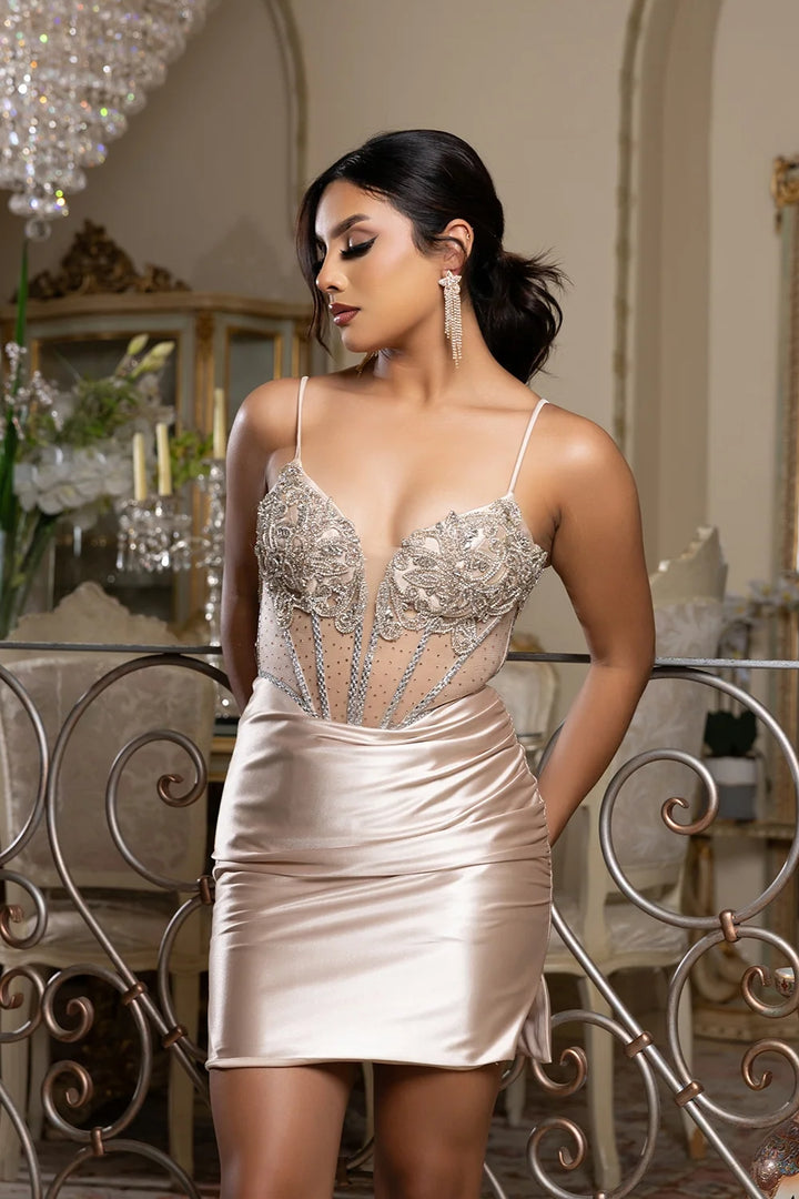 Satin Short V-Neck Slit Dress by May Queen MQ2169