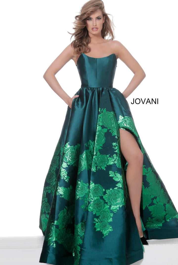 Satin Strapless A-line Slit Gown by Jovani 02038