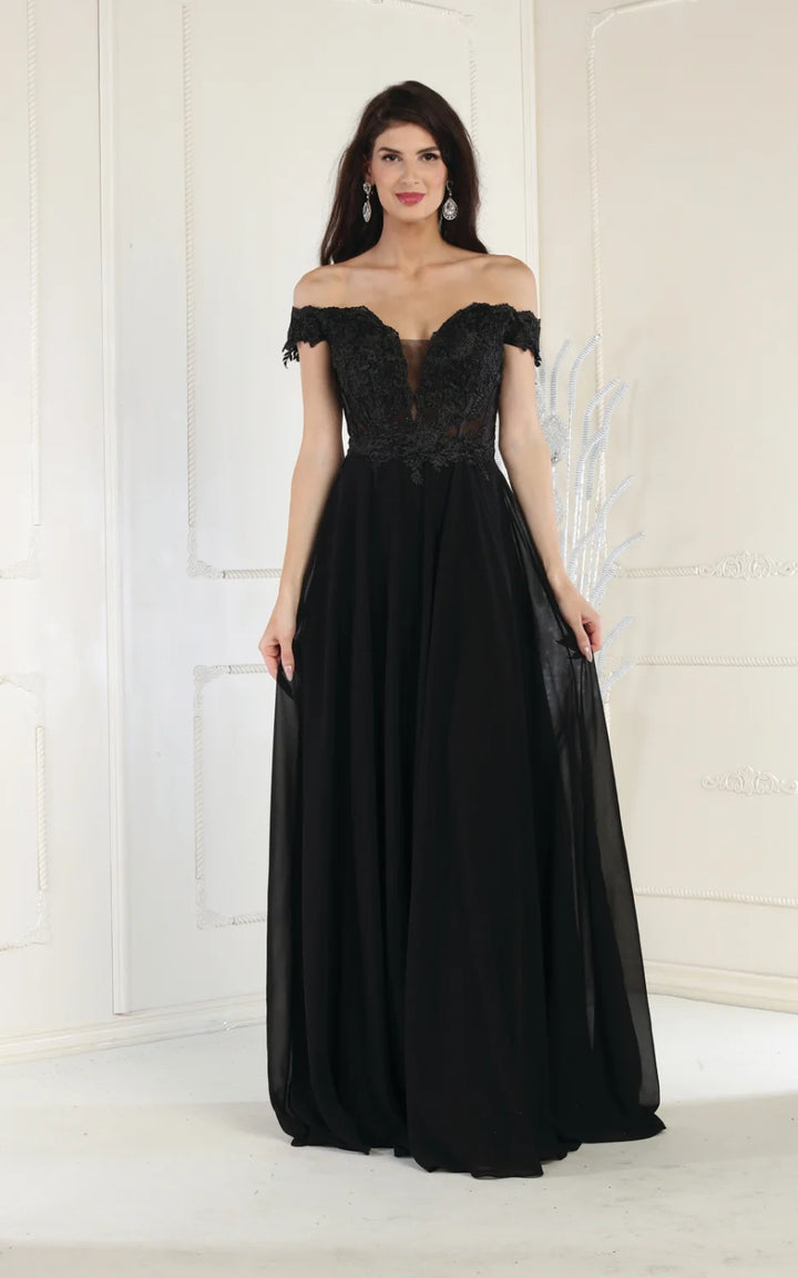 Applique Off Shoulder A-line Gown by May Queen MQ1714