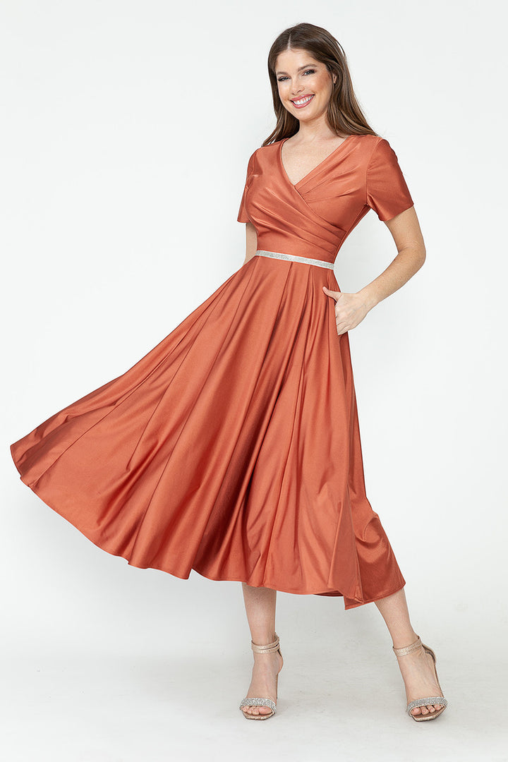 Satin Short Sleeve Tea Length Dress by Lenovia 5274
