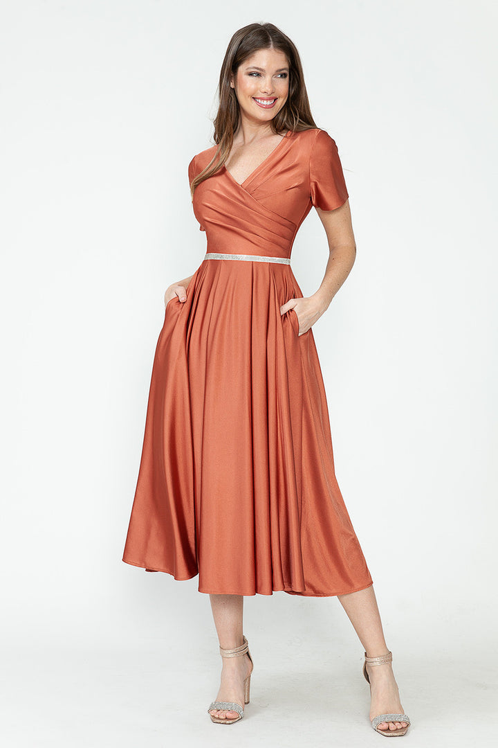 Satin Short Sleeve Tea Length Dress by Lenovia 5274