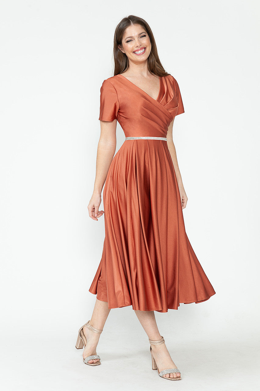 Satin Short Sleeve Tea Length Dress by Lenovia 5274