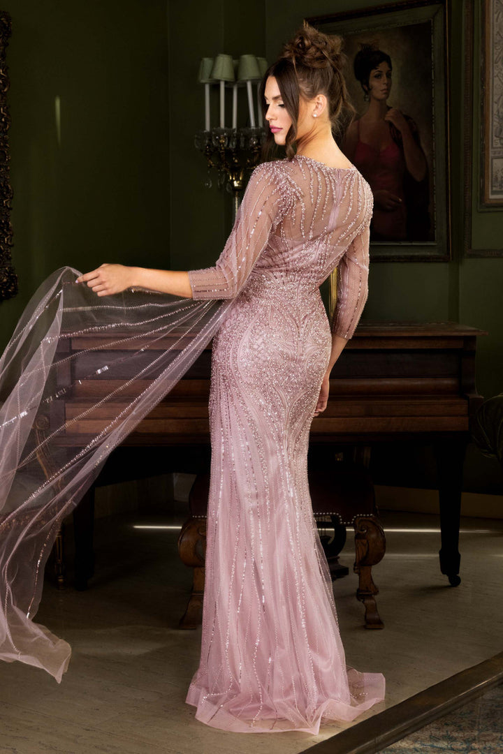 Beaded 3/4 Sleeve Slit Gown by Lenovia 8472