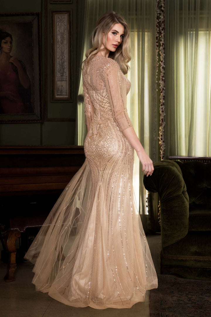 Beaded 3/4 Sleeve Slit Gown by Lenovia 8472