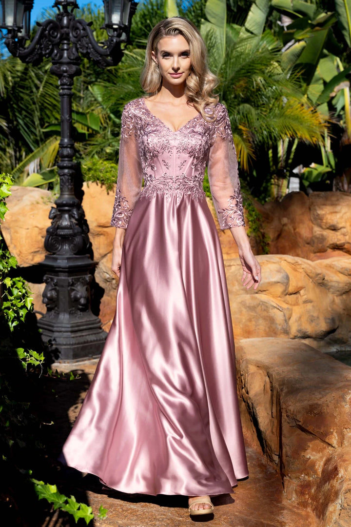 Applique Satin 3/4 Sleeve A-line Gown by Lenovia 8435