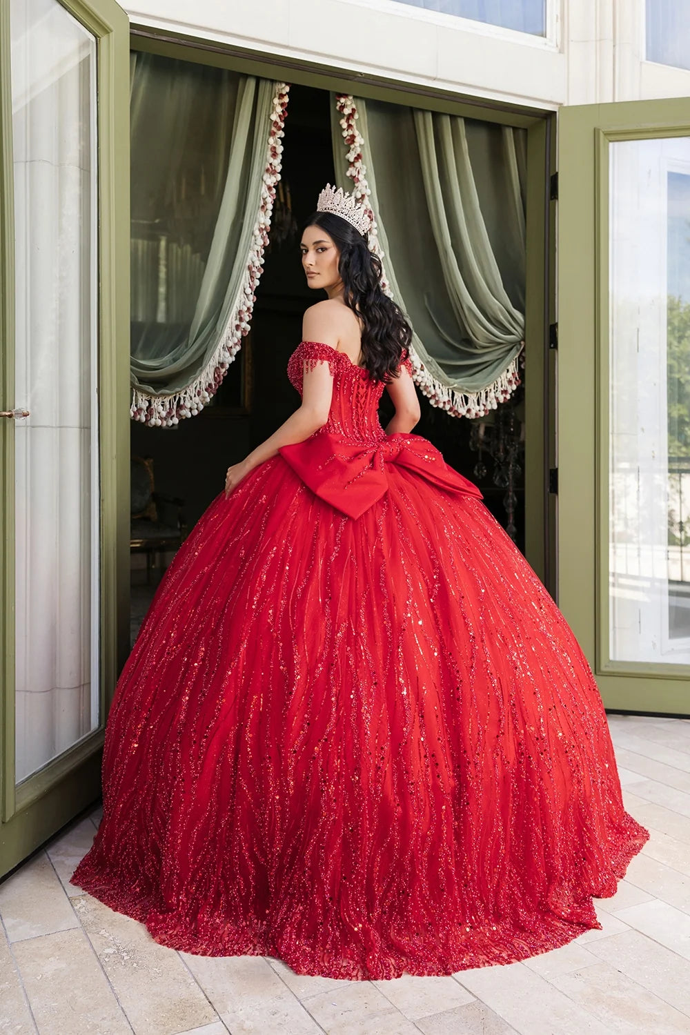 Off Shoulder Fringe Ball Gown by May Queen LK264