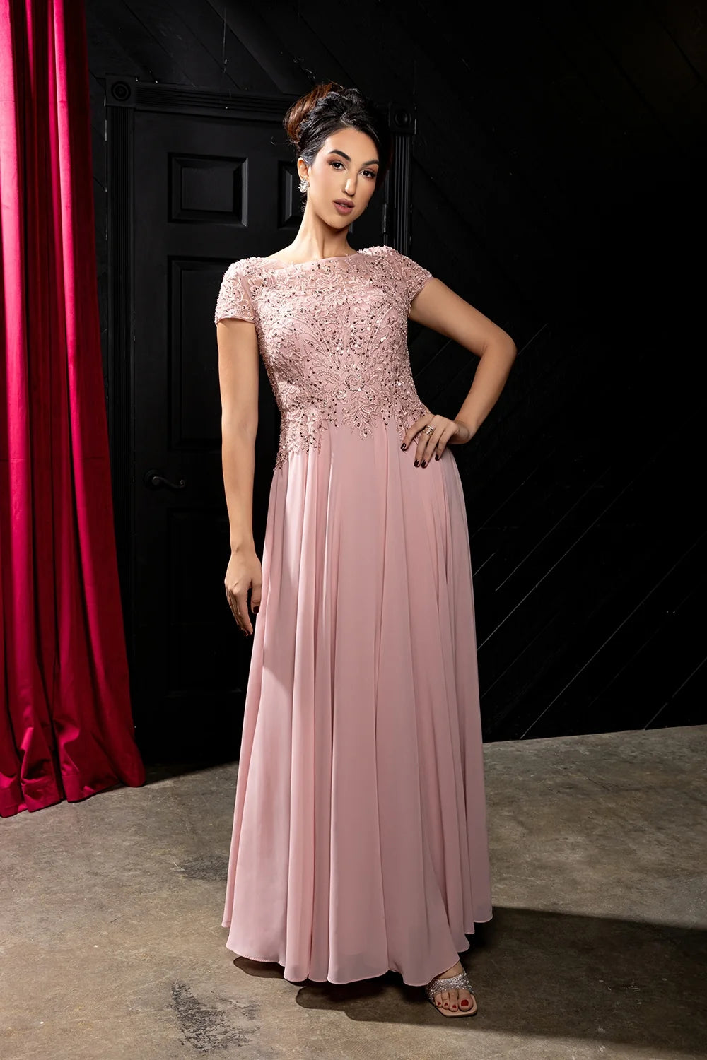 Applique Short Sleeve A-line Gown by May Queen MQ2239