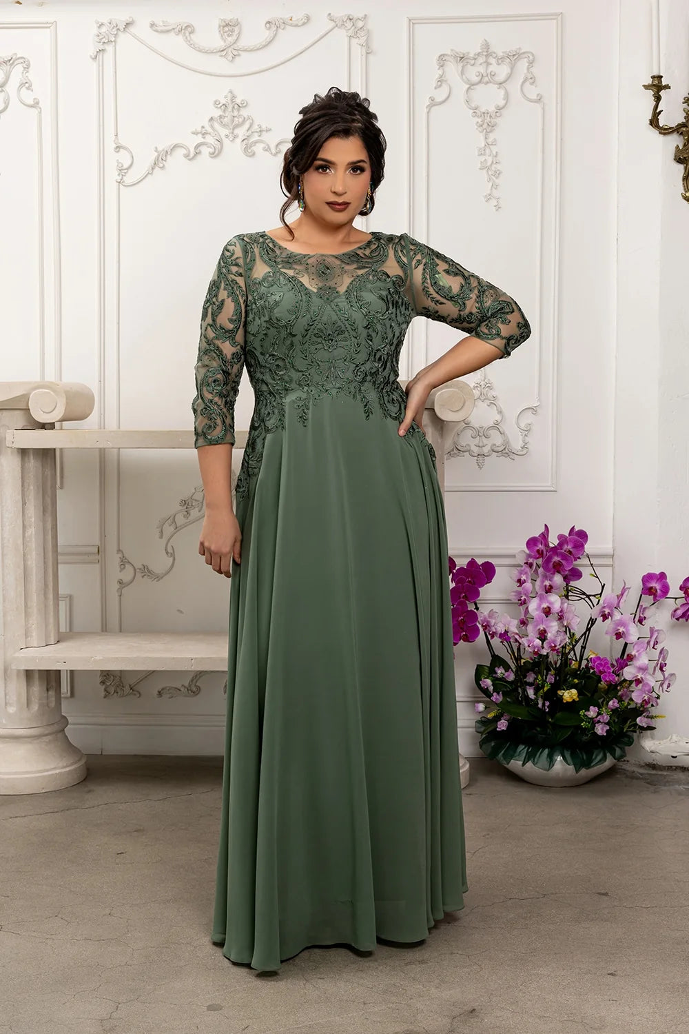Applique 3/4 Sleeve A-line Gown by May Queen MQ2210