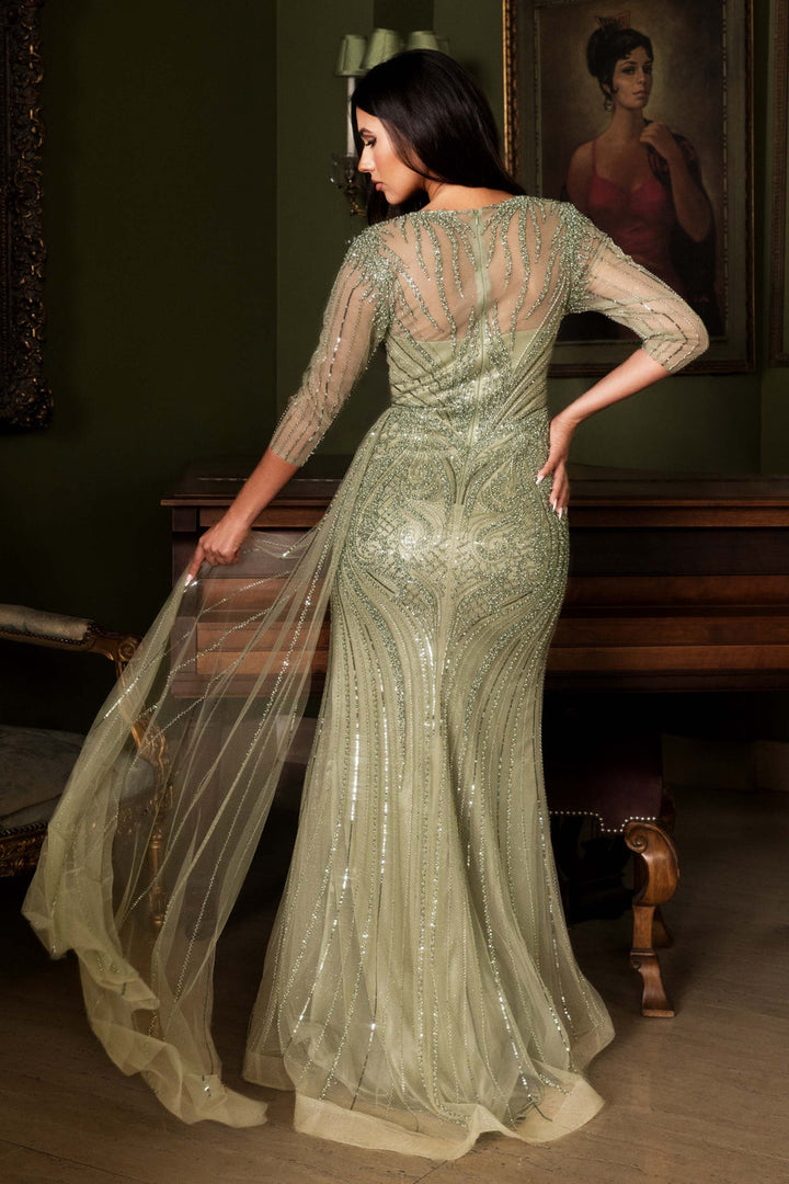 Beaded 3/4 Sleeve Slit Gown by Lenovia 8472