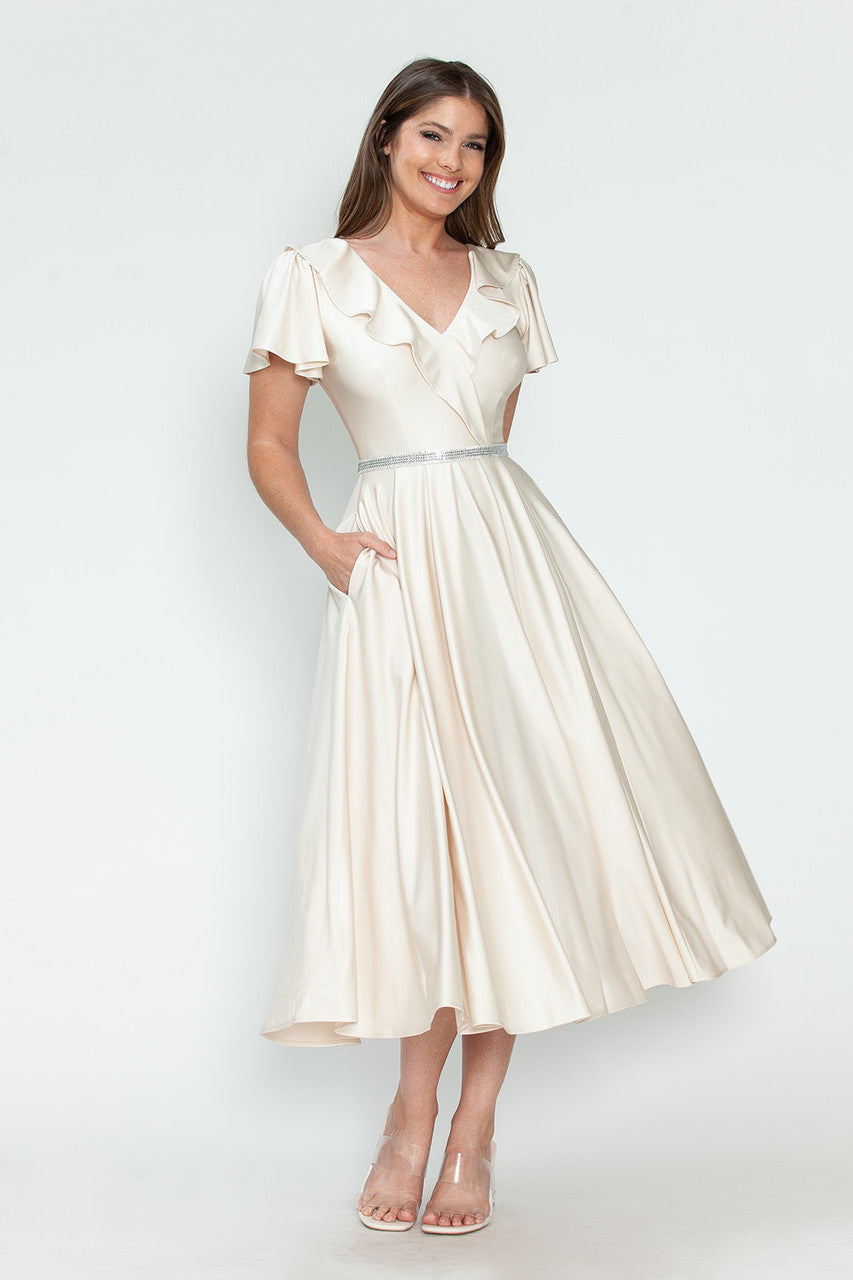 Satin Short Sleeve Tea Length Dress by Lenovia 5295