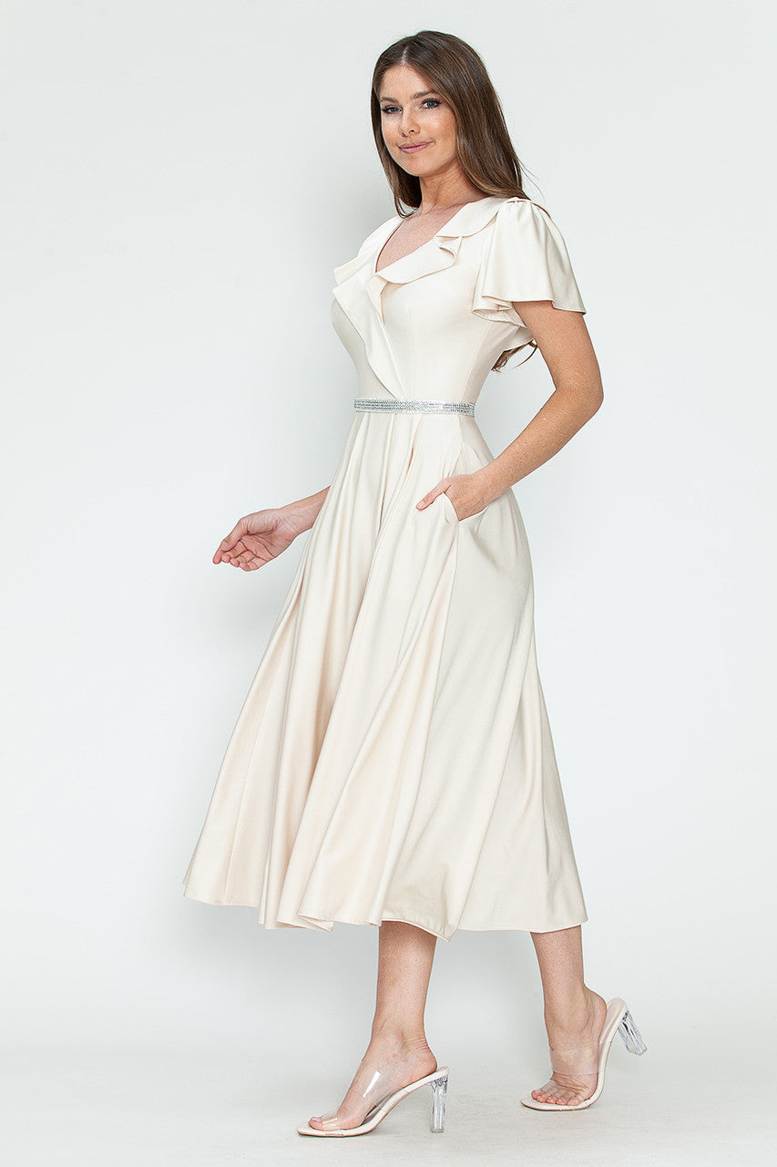 Satin Short Sleeve Tea Length Dress by Lenovia 5295