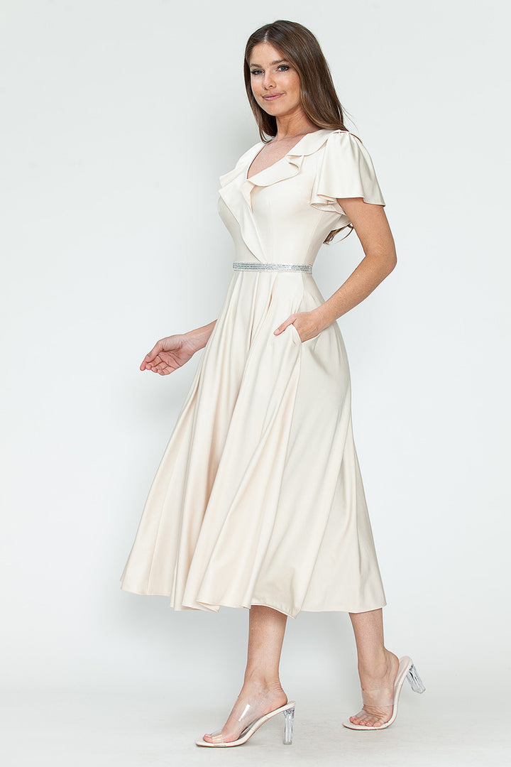 Satin Short Sleeve Tea Length Dress by Lenovia 5295