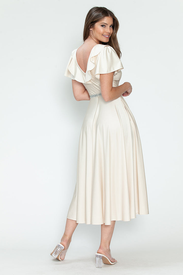 Satin Short Sleeve Tea Length Dress by Lenovia 5295