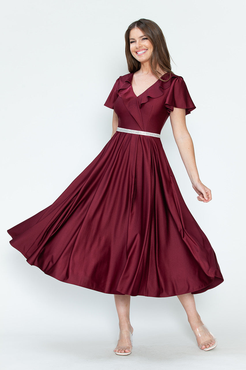 Satin Short Sleeve Tea Length Dress by Lenovia 5295