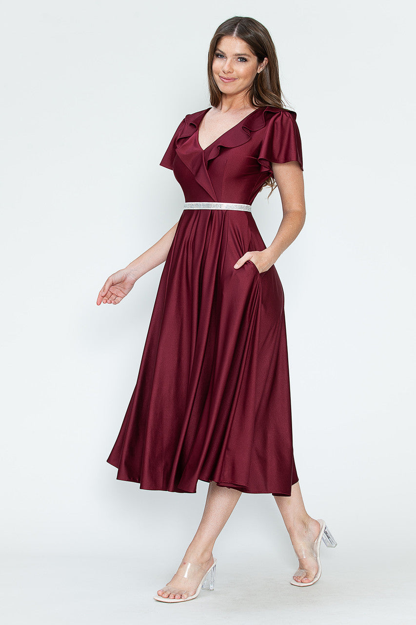 Satin Short Sleeve Tea Length Dress by Lenovia 5295