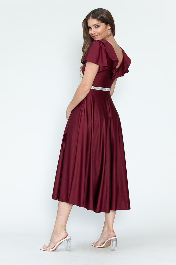 Satin Short Sleeve Tea Length Dress by Lenovia 5295