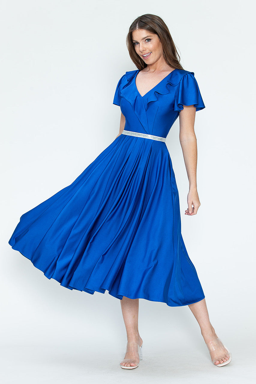 Satin Short Sleeve Tea Length Dress by Lenovia 5295