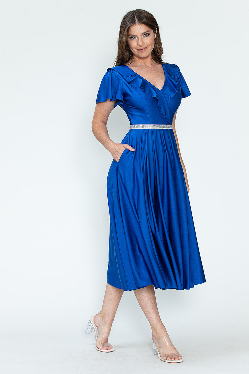Satin Short Sleeve Tea Length Dress by Lenovia 5295