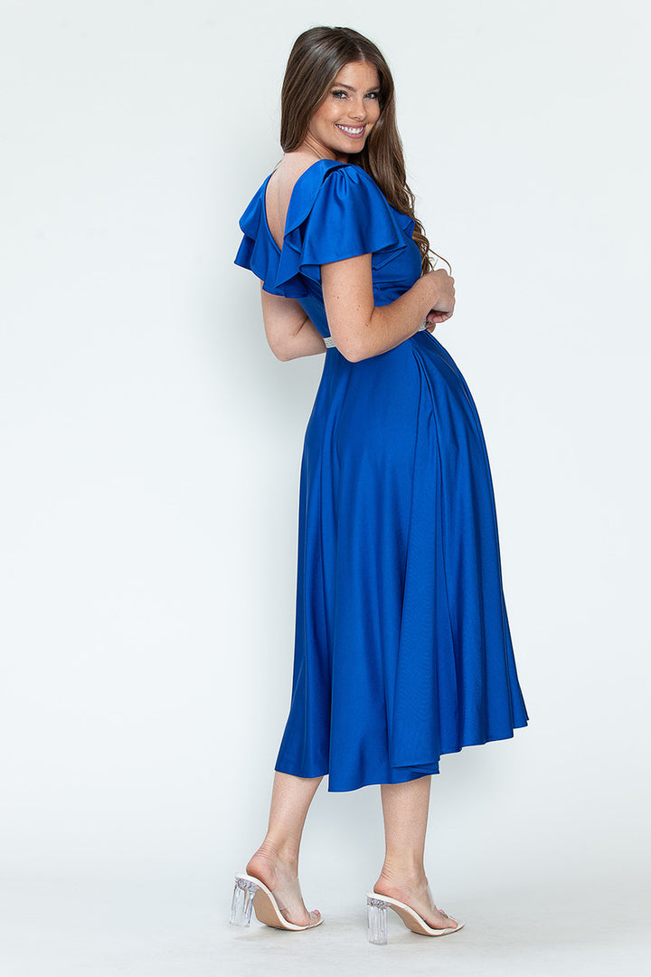 Satin Short Sleeve Tea Length Dress by Lenovia 5295