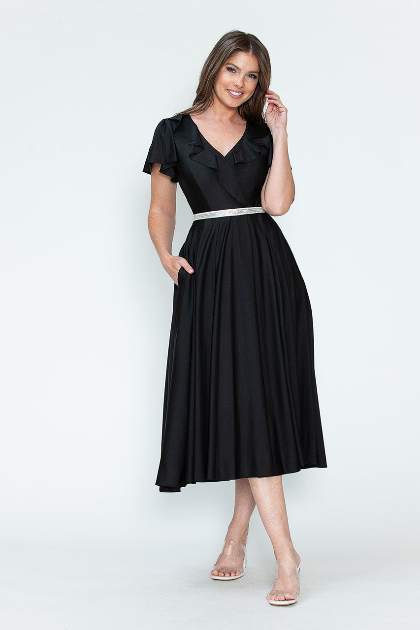 Satin Short Sleeve Tea Length Dress by Lenovia 5295