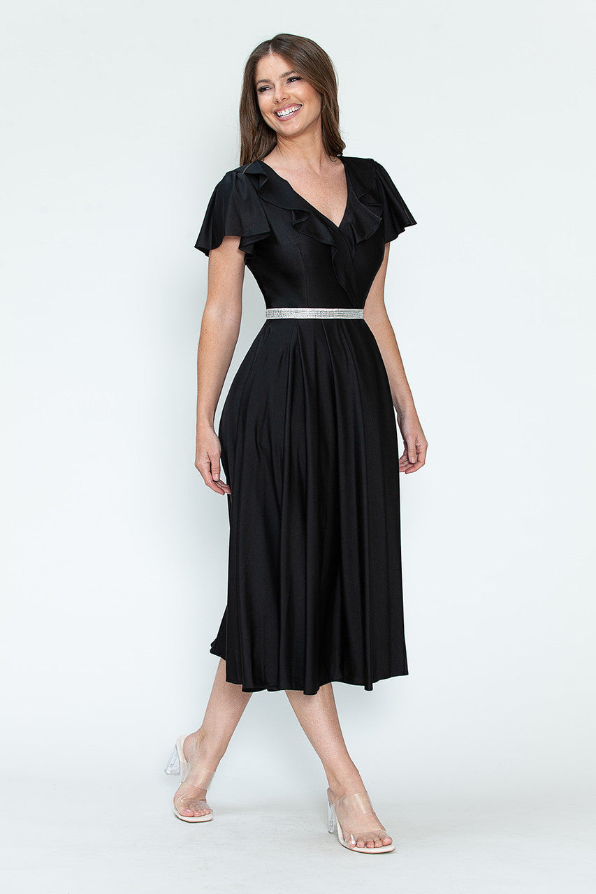 Satin Short Sleeve Tea Length Dress by Lenovia 5295