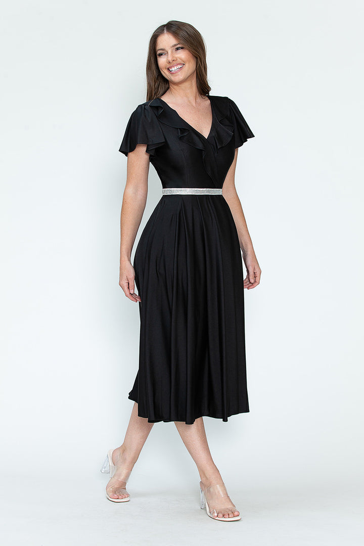 Satin Short Sleeve Tea Length Dress by Lenovia 5295