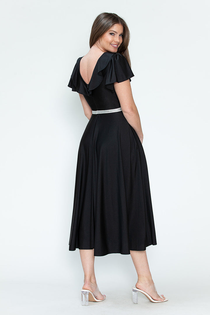 Satin Short Sleeve Tea Length Dress by Lenovia 5295