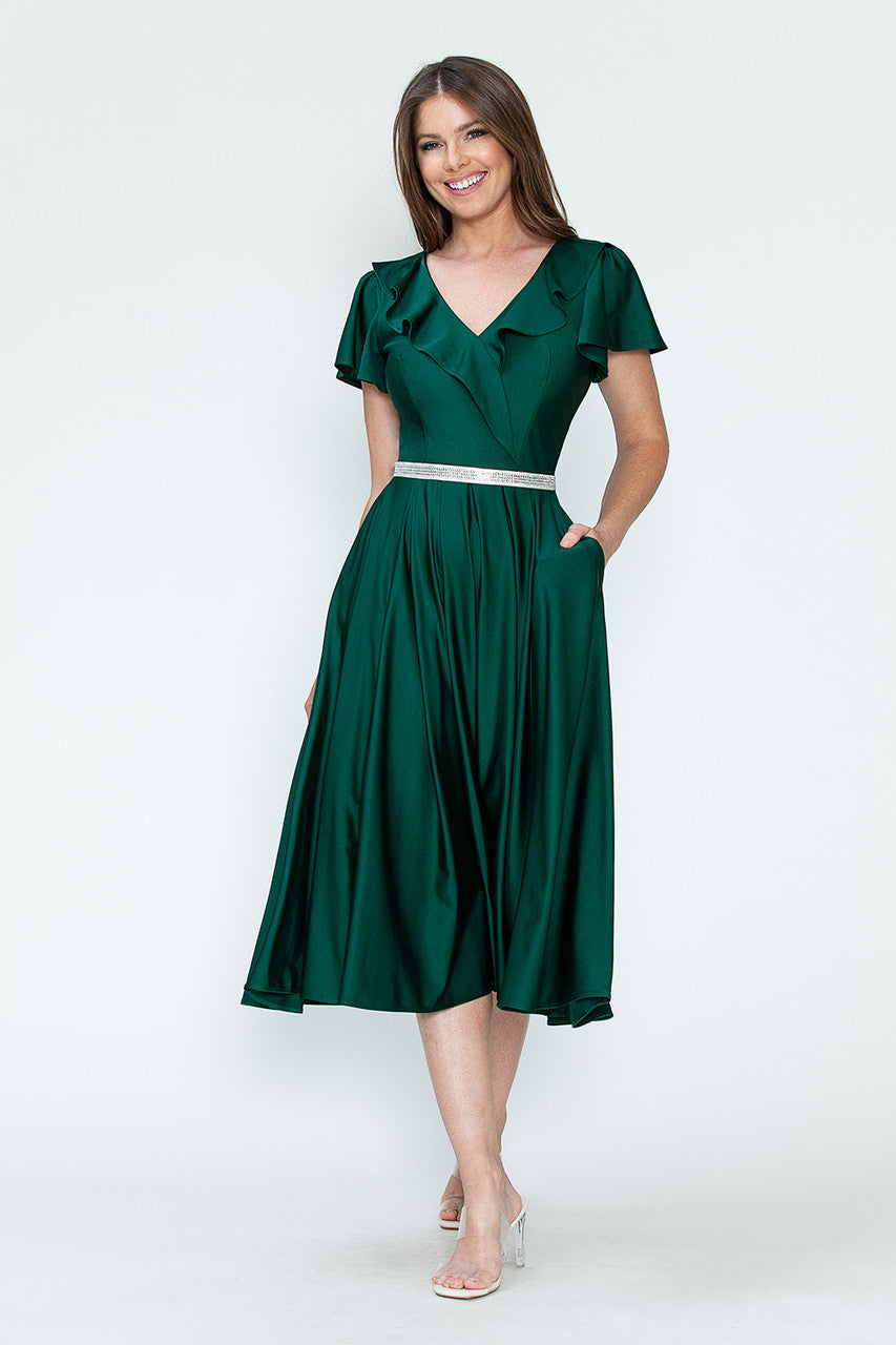 Satin Short Sleeve Tea Length Dress by Lenovia 5295