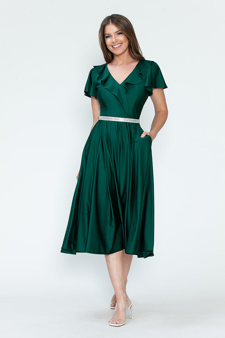 Satin Short Sleeve Tea Length Dress by Lenovia 5295