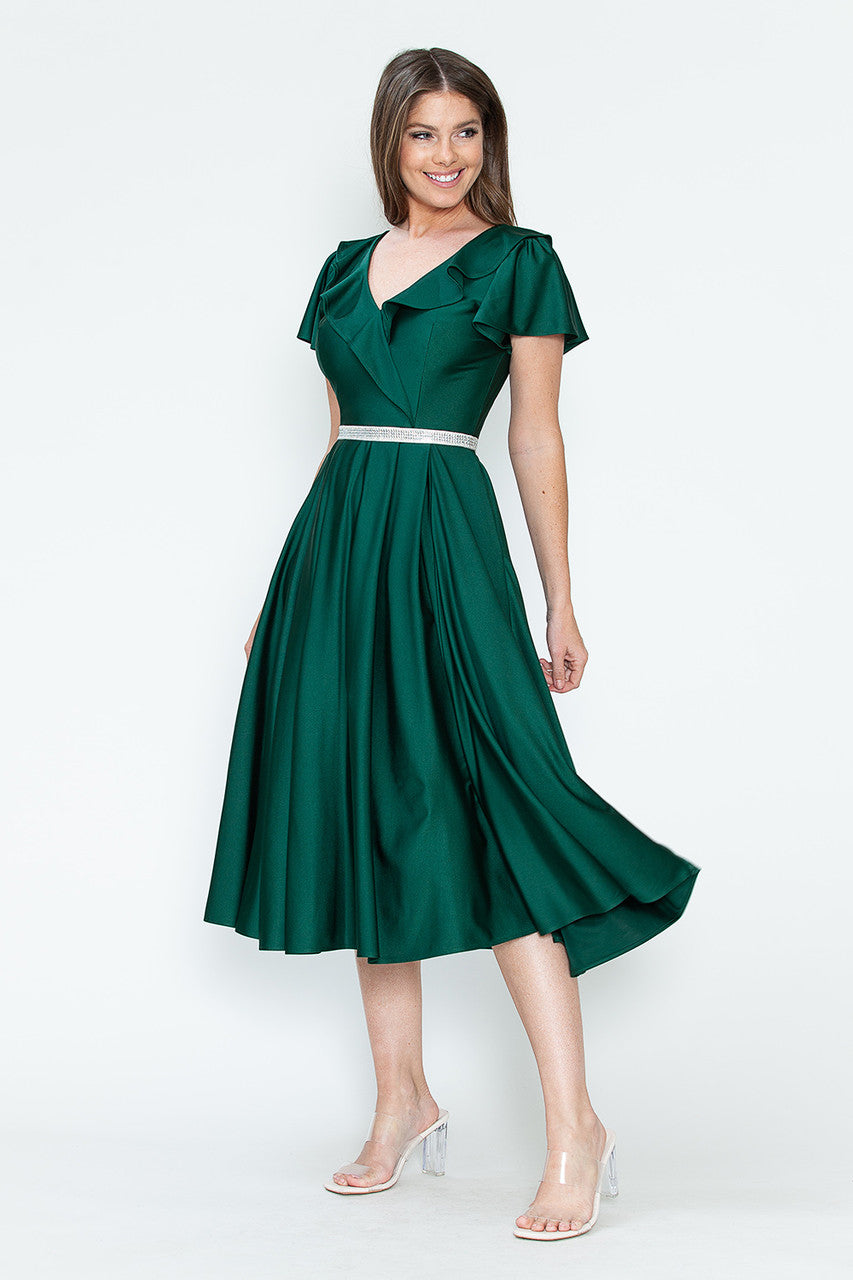 Satin Short Sleeve Tea Length Dress by Lenovia 5295