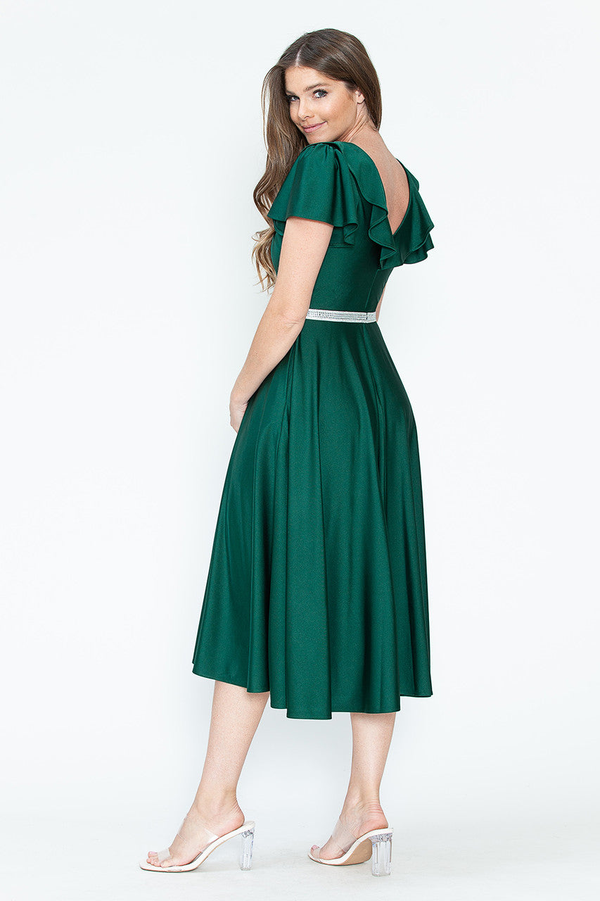Satin Short Sleeve Tea Length Dress by Lenovia 5295