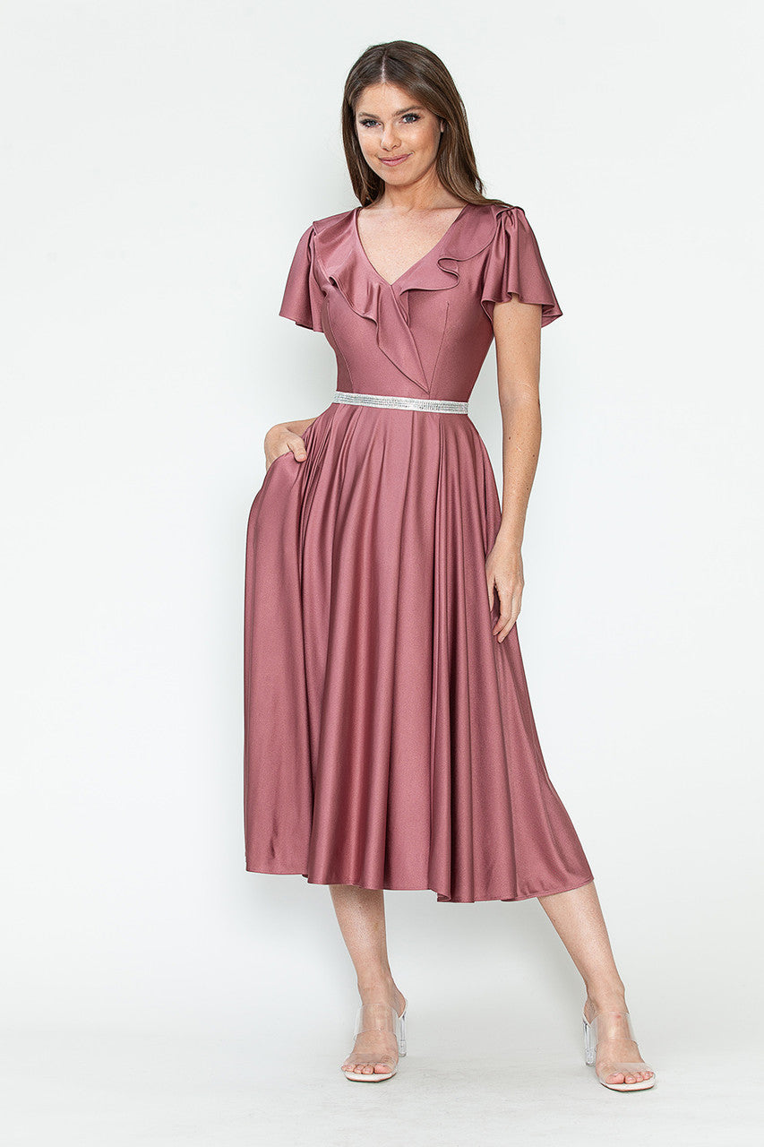 Satin Short Sleeve Tea Length Dress by Lenovia 5295