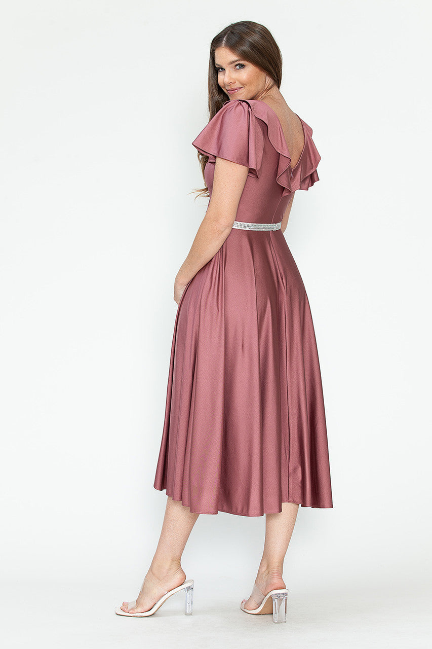 Satin Short Sleeve Tea Length Dress by Lenovia 5295