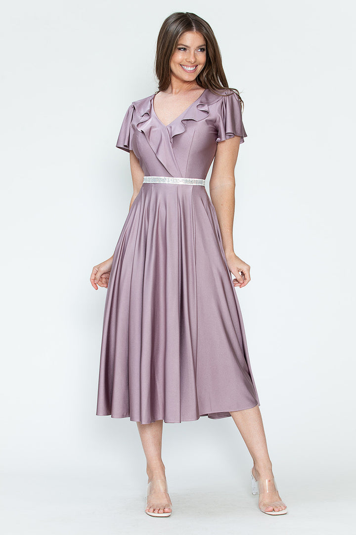 Satin Short Sleeve Tea Length Dress by Lenovia 5295