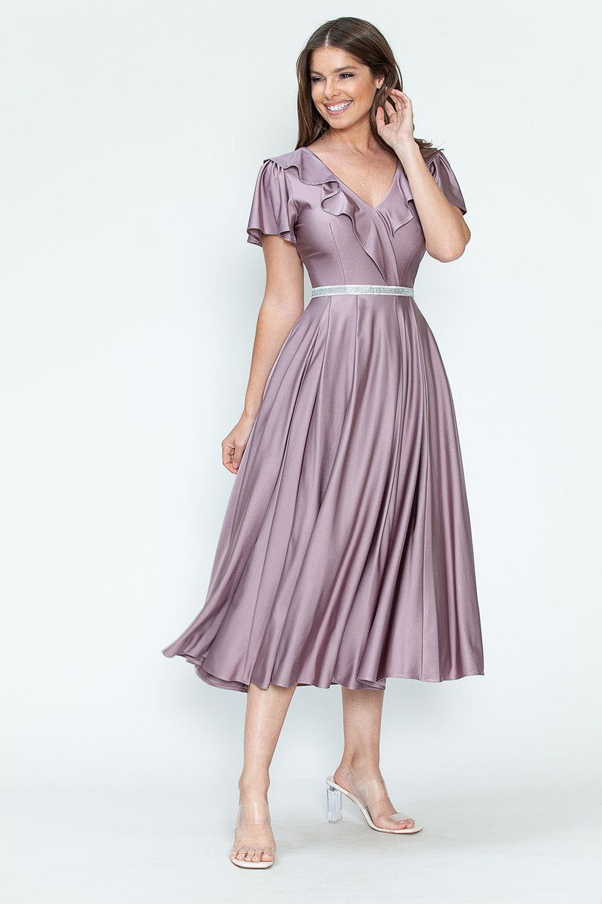 Satin Short Sleeve Tea Length Dress by Lenovia 5295