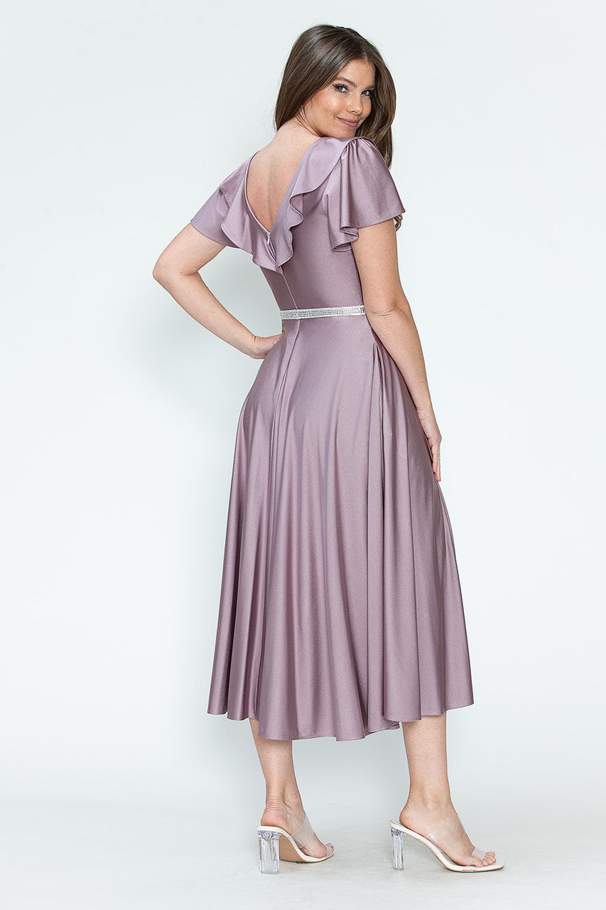 Satin Short Sleeve Tea Length Dress by Lenovia 5295