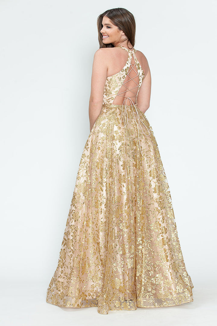 Sequin Print Halter A-line Gown by Lenovia 8240