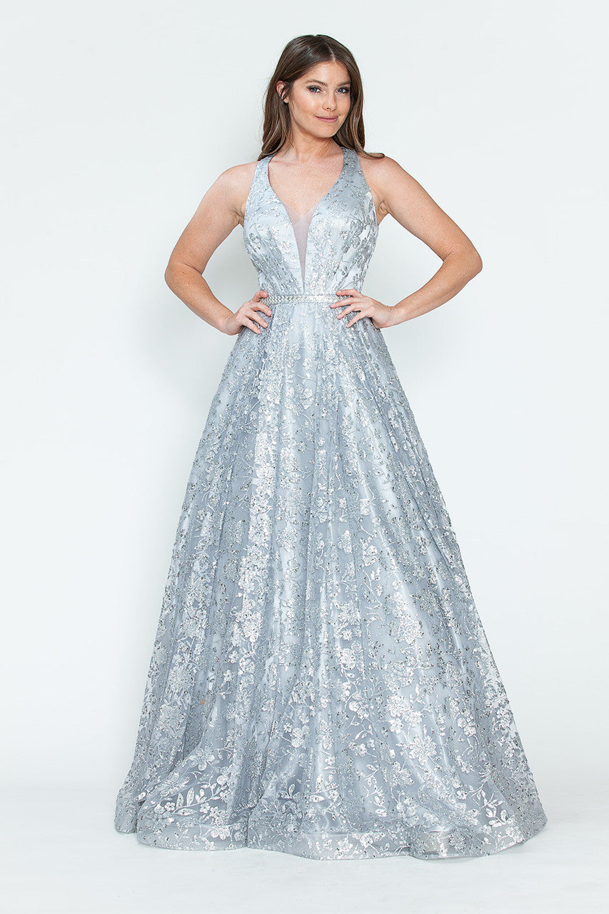 Sequin Print Halter A-line Gown by Lenovia 8240