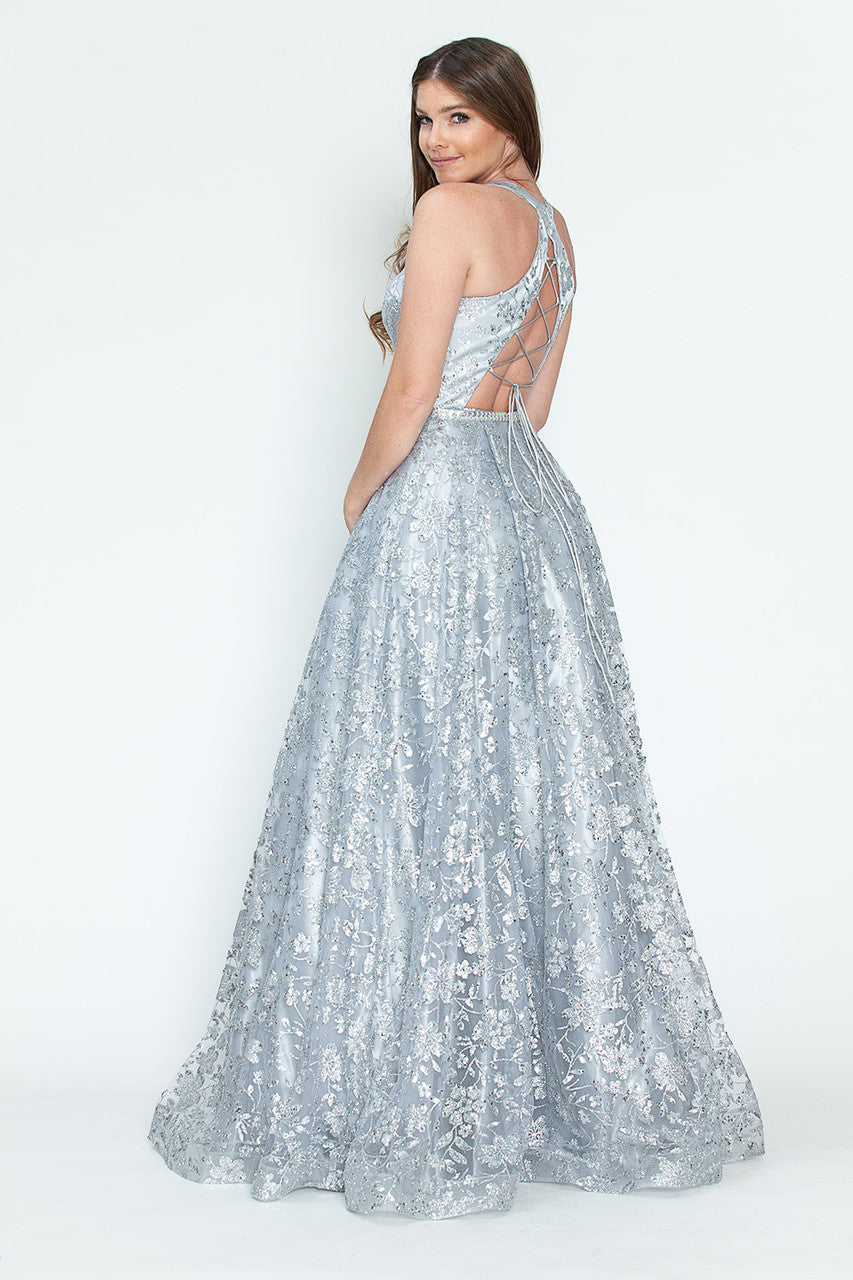 Sequin Print Halter A-line Gown by Lenovia 8240