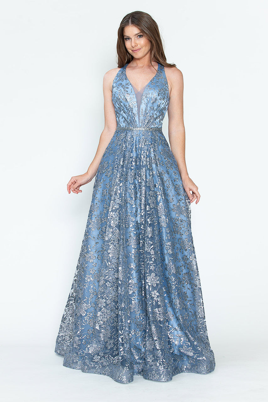 Sequin Print Halter A-line Gown by Lenovia 8240