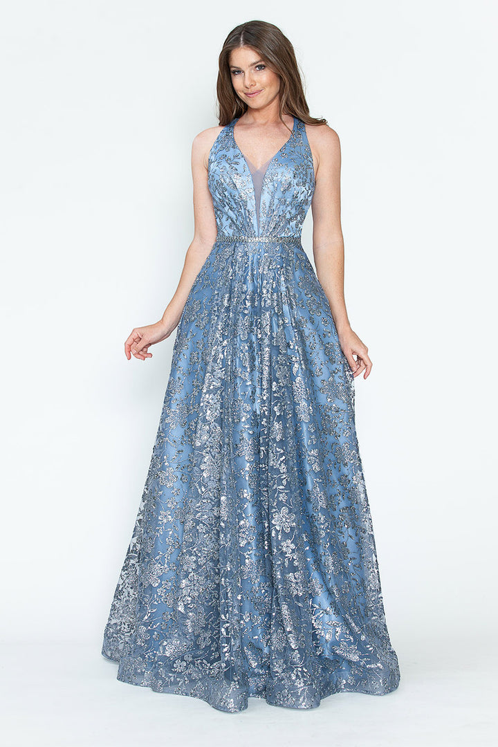 Sequin Print Halter A-line Gown by Lenovia 8240