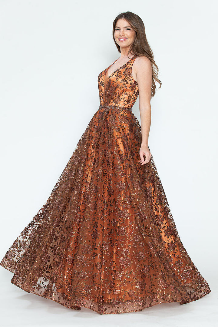 Sequin Print Halter A-line Gown by Lenovia 8240