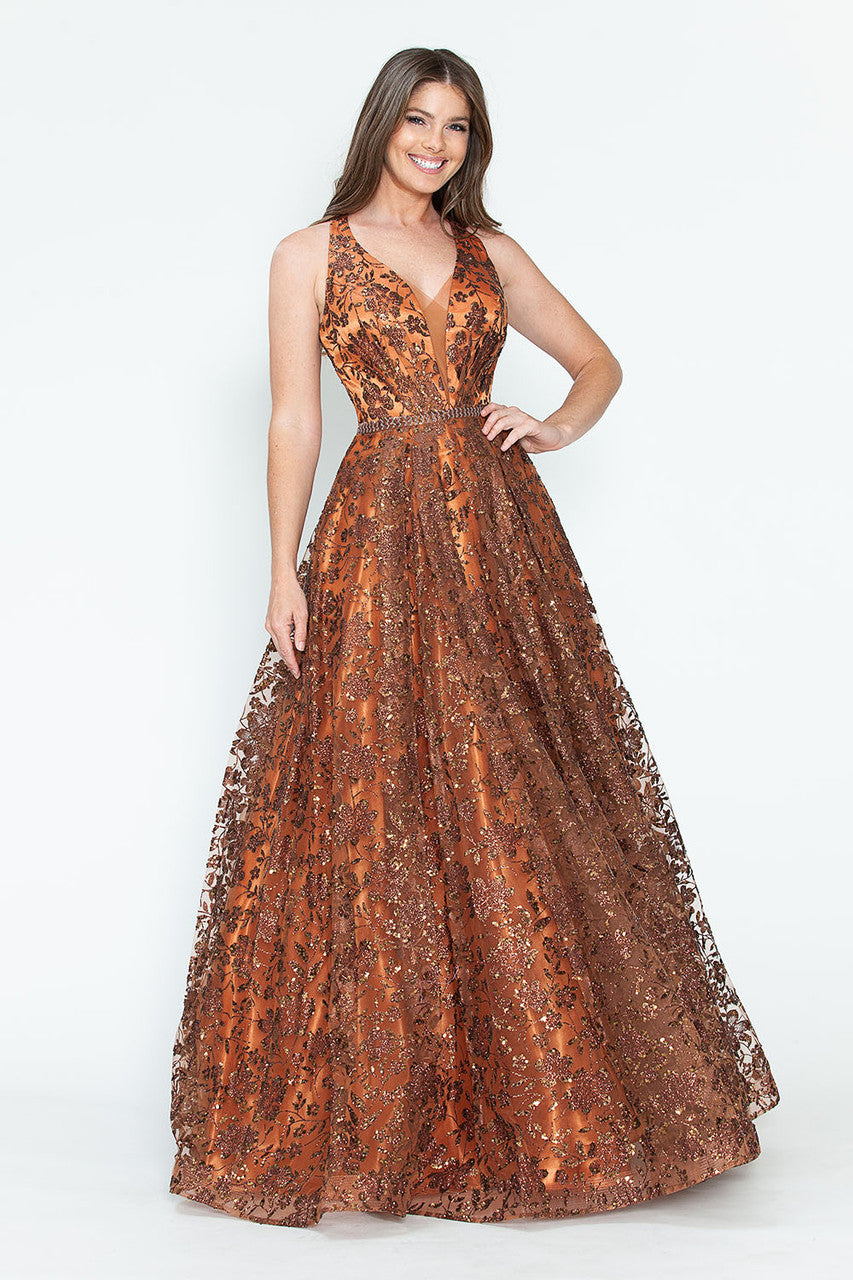 Sequin Print Halter A-line Gown by Lenovia 8240