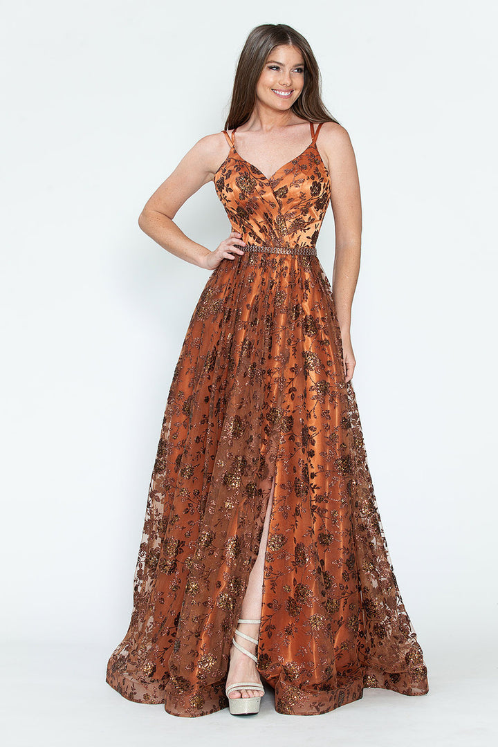 Glitter Print Sleeveless Slit Gown by Lenovia 8235