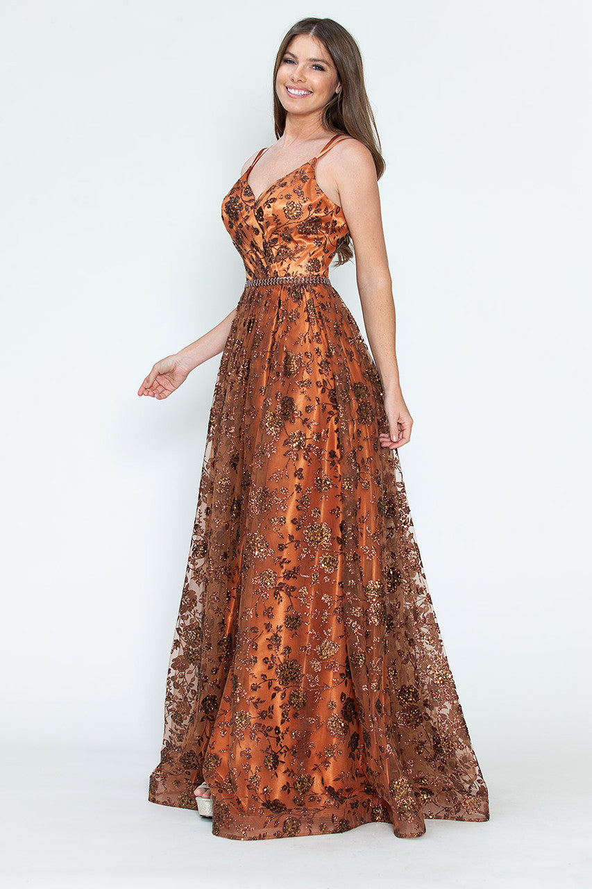 Glitter Print Sleeveless Slit Gown by Lenovia 8235