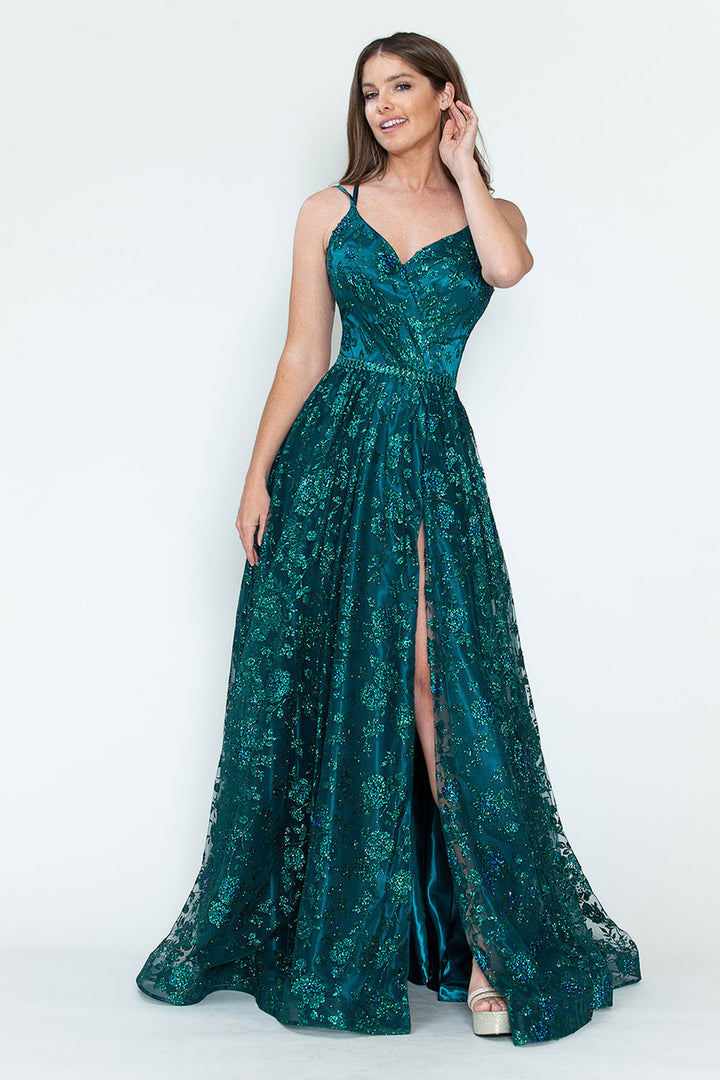 Glitter Print Sleeveless Slit Gown by Lenovia 8235