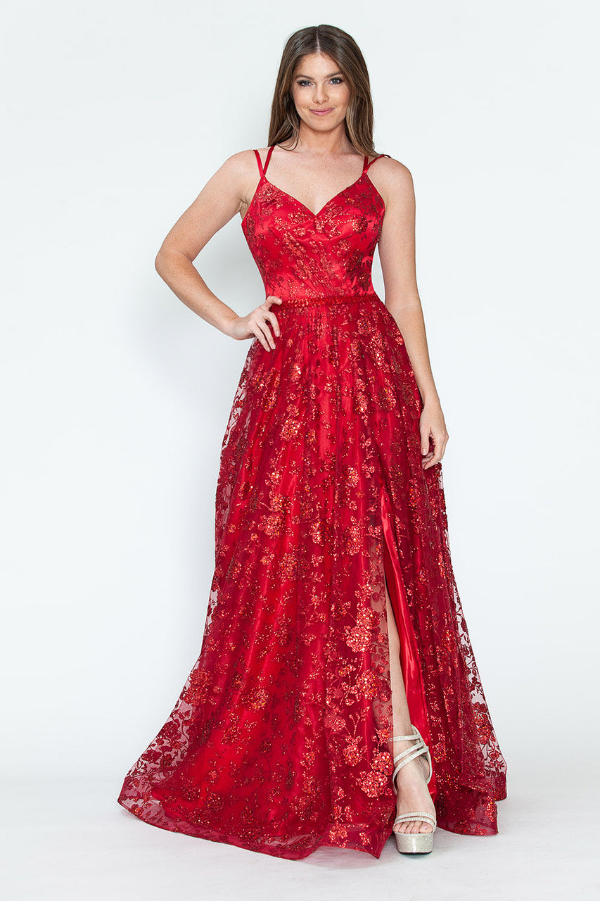 Glitter Print Sleeveless Slit Gown by Lenovia 8235