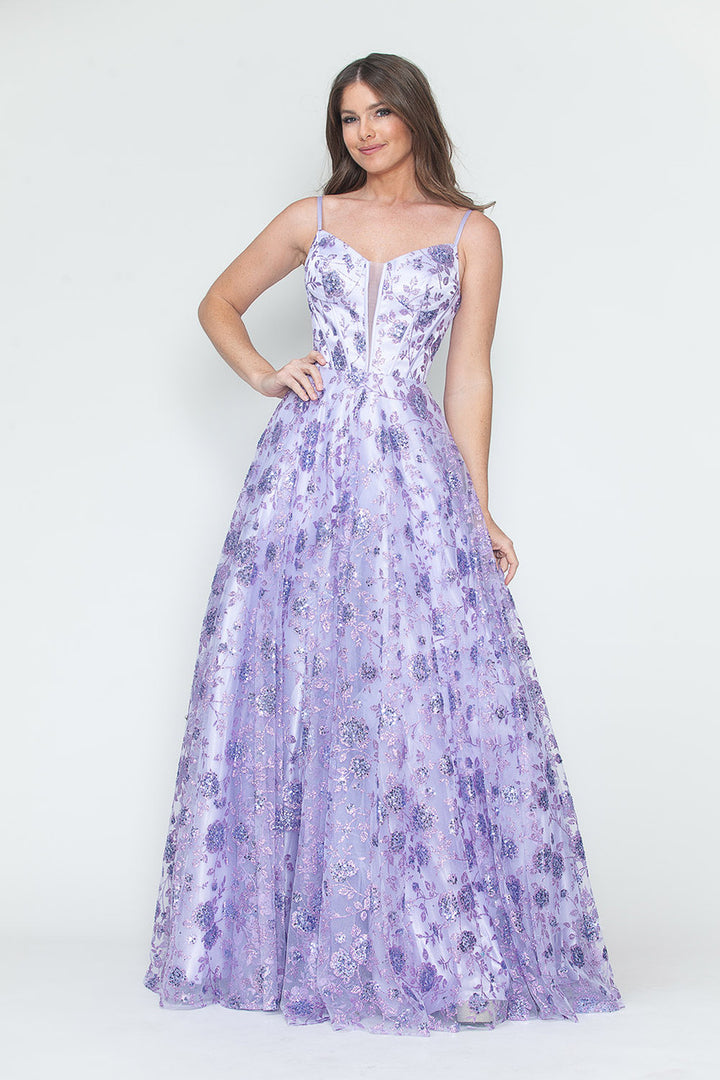 Glitter Print Sleeveless A-line Gown by Lenovia 8241