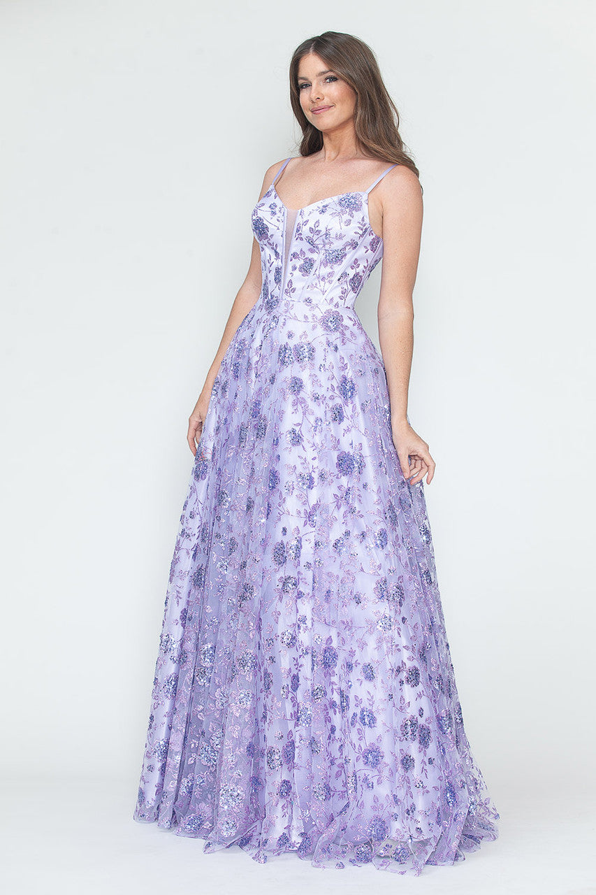 Glitter Print Sleeveless A-line Gown by Lenovia 8241