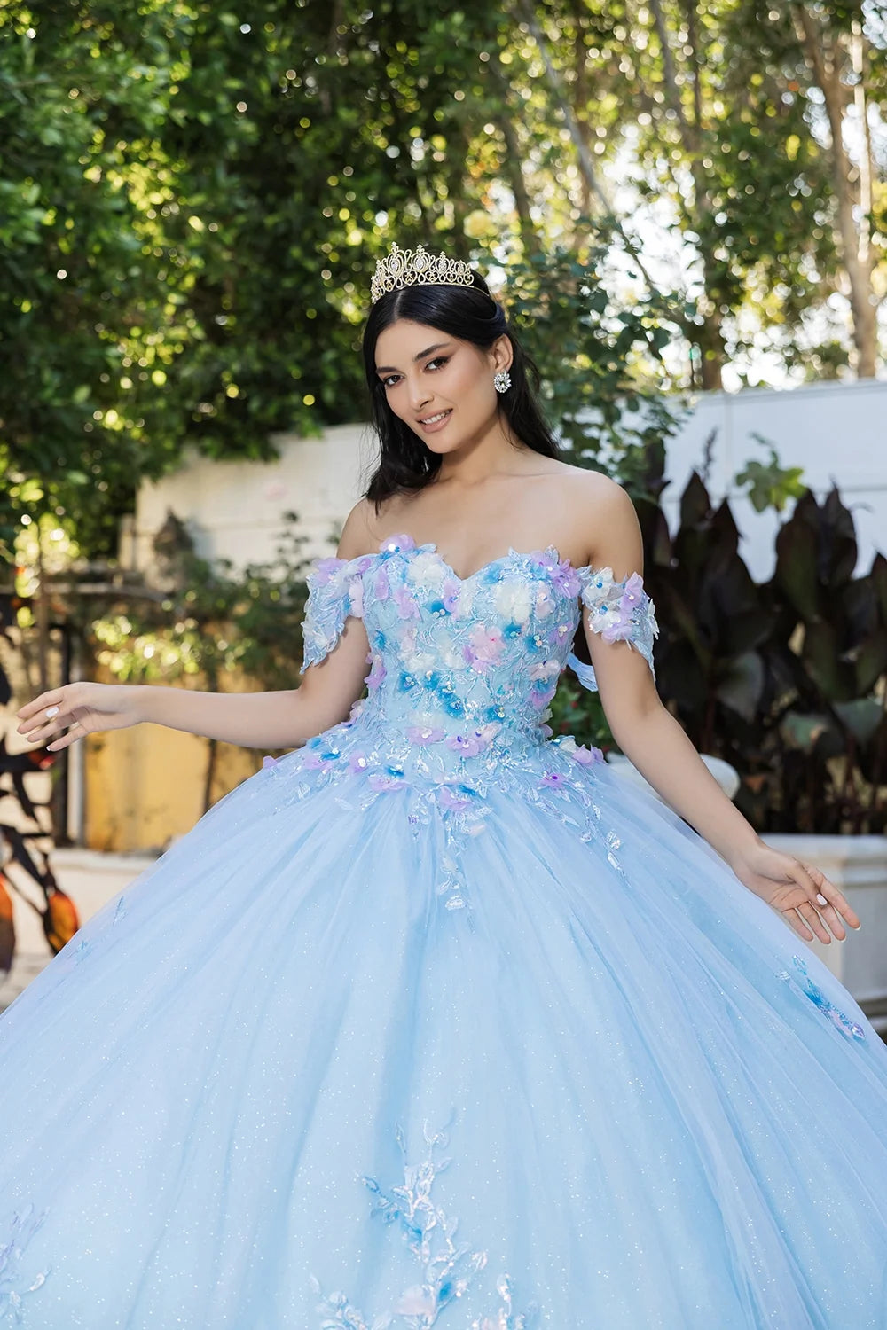 Floral Off Shoulder Ruffled Ball Gown by May Queen LK247